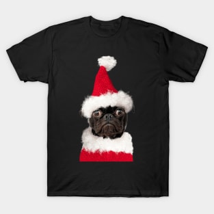 Cute Black Pug in Christmas Santa Hat T-Shirt